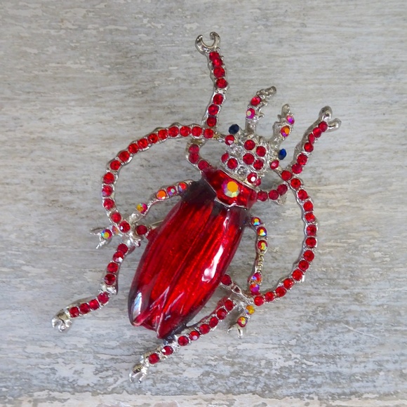 Alilang Enamel Handpainted Ruby Red Bejeweled Beetle Bug Insect Brooch Pin - Picture 6 of 8